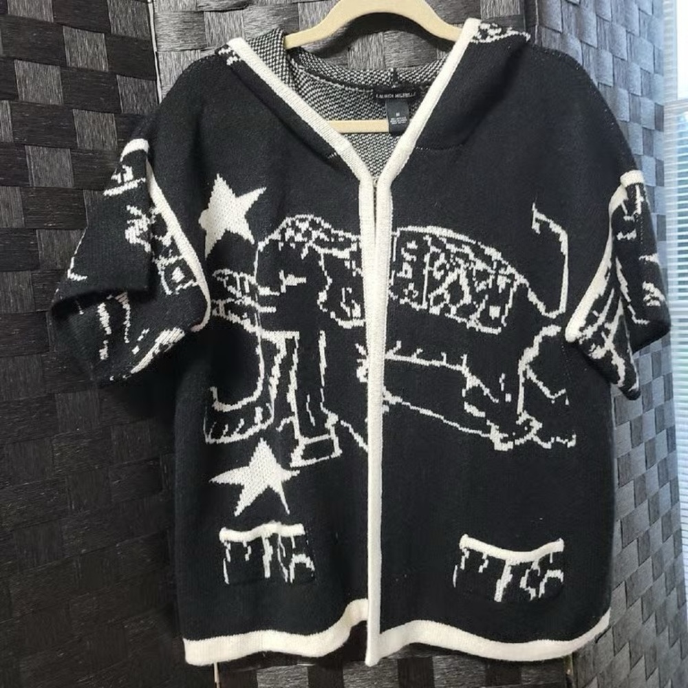 Black & White Hooded Knit Cardigan with Elephant Motif